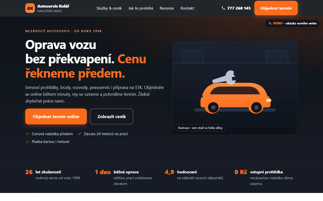 Náhled ukázkového webu — Autoservisy