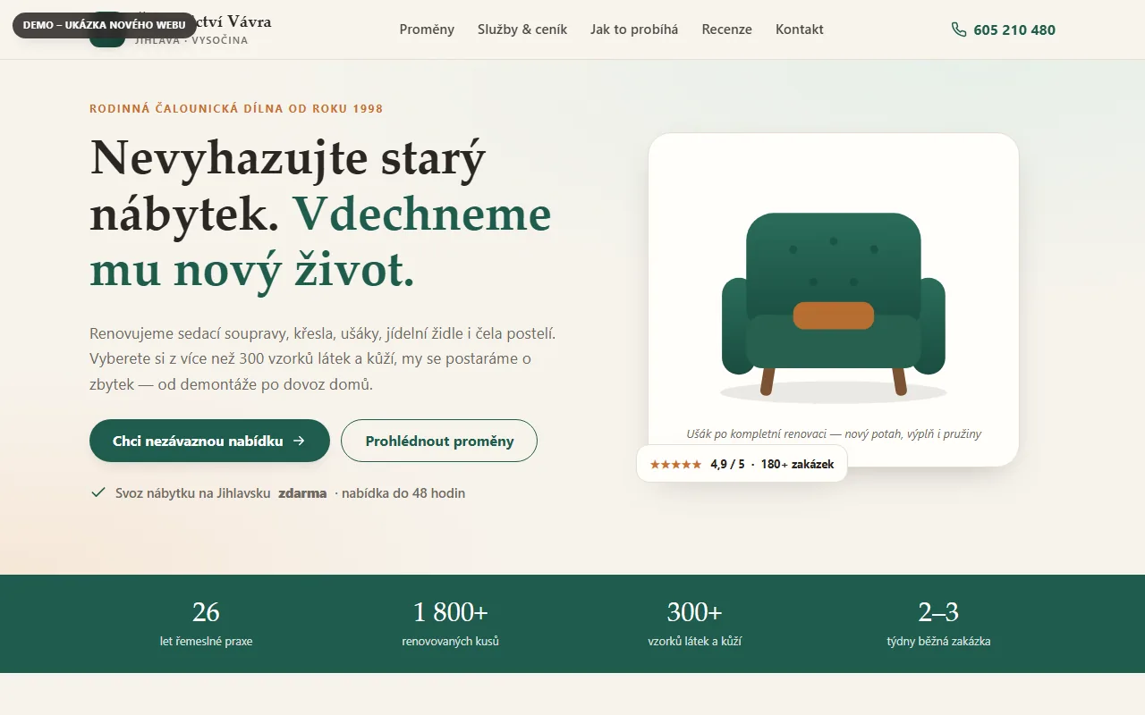 Náhled ukázkového webu — Čalounictví